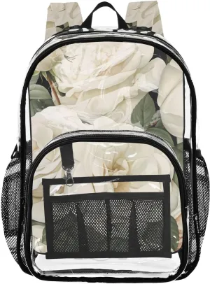 senya Transparent School Bag Blooming White Rose Travel Backpack With Water-Resistant PVC Plastic Clear Bagpack