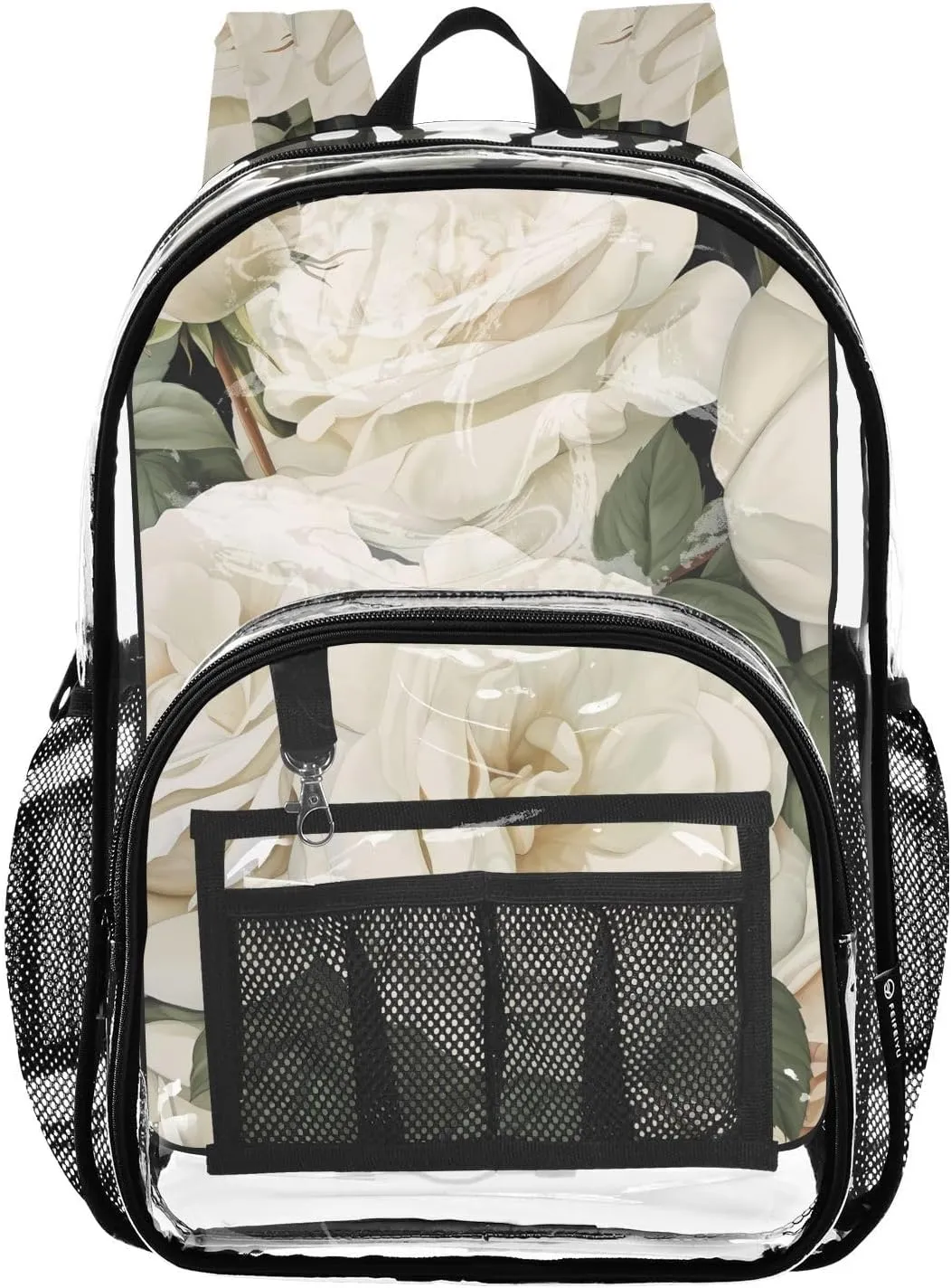 senya Transparent School Bag Blooming White Rose Travel Backpack With Water-Resistant PVC Plastic Clear Bagpack