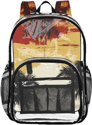 senya Transparent School Bag Coconut Trees Sunset Travel Backpack With Water-Resistant PVC Plastic Clear Bagpack