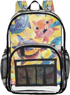 senya Transparent School Bag Colorful Cartoon Sharks Travel Backpack With Water-Resistant PVC Plastic Clear Bagpack