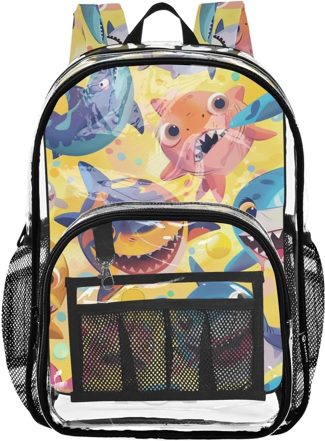 senya Transparent School Bag Colorful Cartoon Sharks Travel Backpack With Water-Resistant PVC Plastic Clear Bagpack
