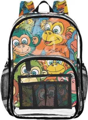 senya Transparent School Bag Colorful Cute Monkey Travel Backpack With Water-Resistant PVC Plastic Clear Bagpack