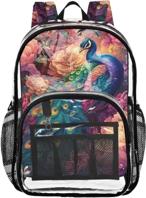 senya Transparent School Bag Peacock Blooming Peony Travel Backpack With Water-Resistant PVC Plastic Clear Bagpack