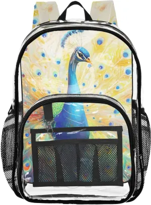 senya Transparent School Bag Peacock Spreads Its Tail Travel Backpack With Water-Resistant PVC Plastic Clear Bagpack