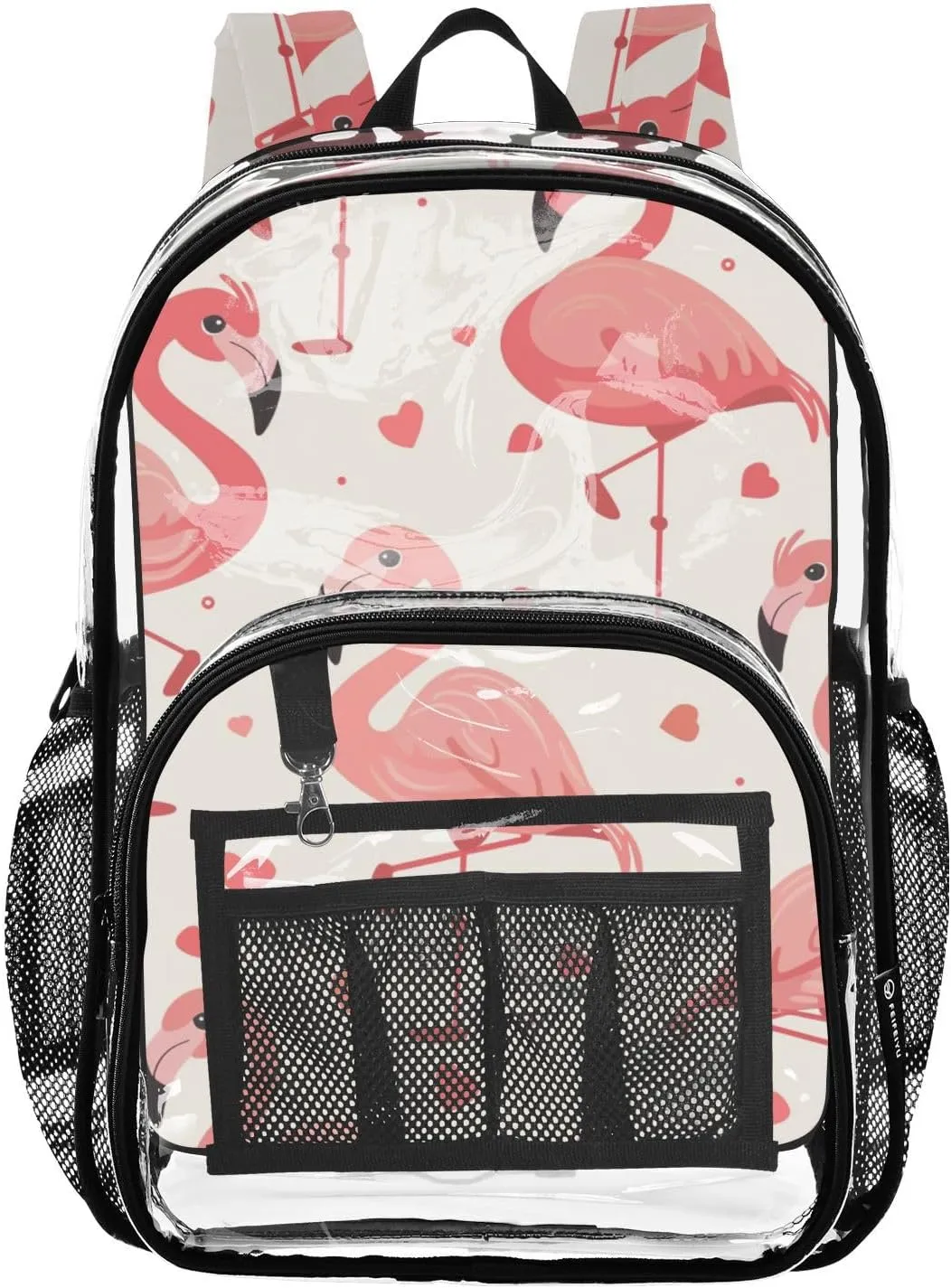 senya Transparent School Bag Pink Flamingos Hearts Travel Backpack With Water-Resistant PVC Plastic Clear Bagpack