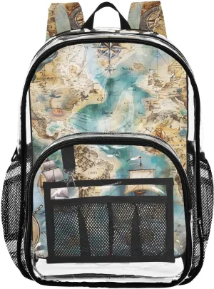 senya Transparent School Bag Sailboat Nautical Map Travel Backpack With Water-Resistant PVC Plastic Clear Bagpack