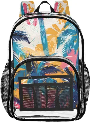 senya Transparent School Bag Watercolor Coconut Trees Travel Backpack With Water-Resistant PVC Plastic Clear Bagpack