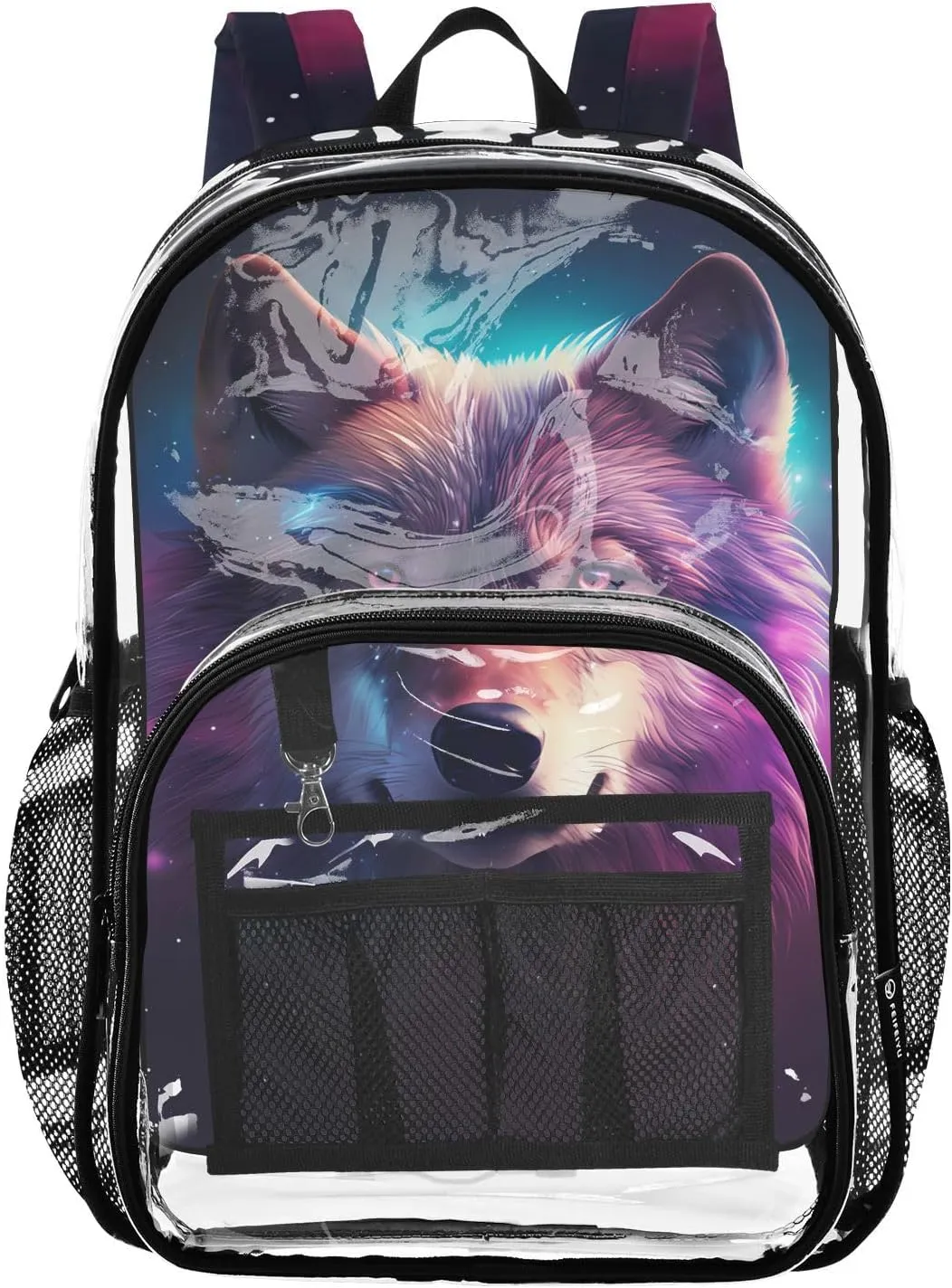 senya Transparent School Bag Wolf Purple Starry Sky Travel Backpack With Water-Resistant PVC Plastic Clear Bagpack