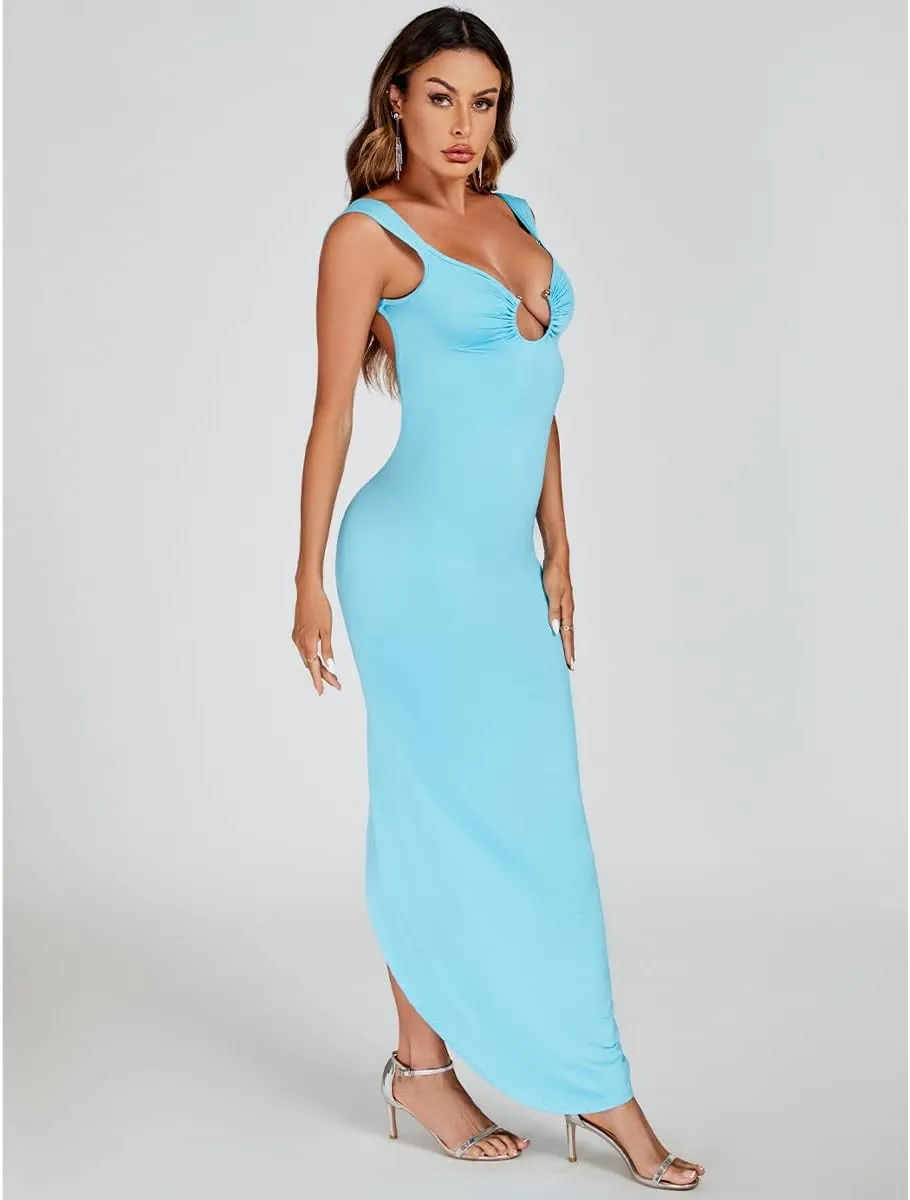 Sexy Backless Dresses for Women Cut Out Bodycon Maxi Dress Open Back Smocked High Slit Party Long Cocktail Dresses
