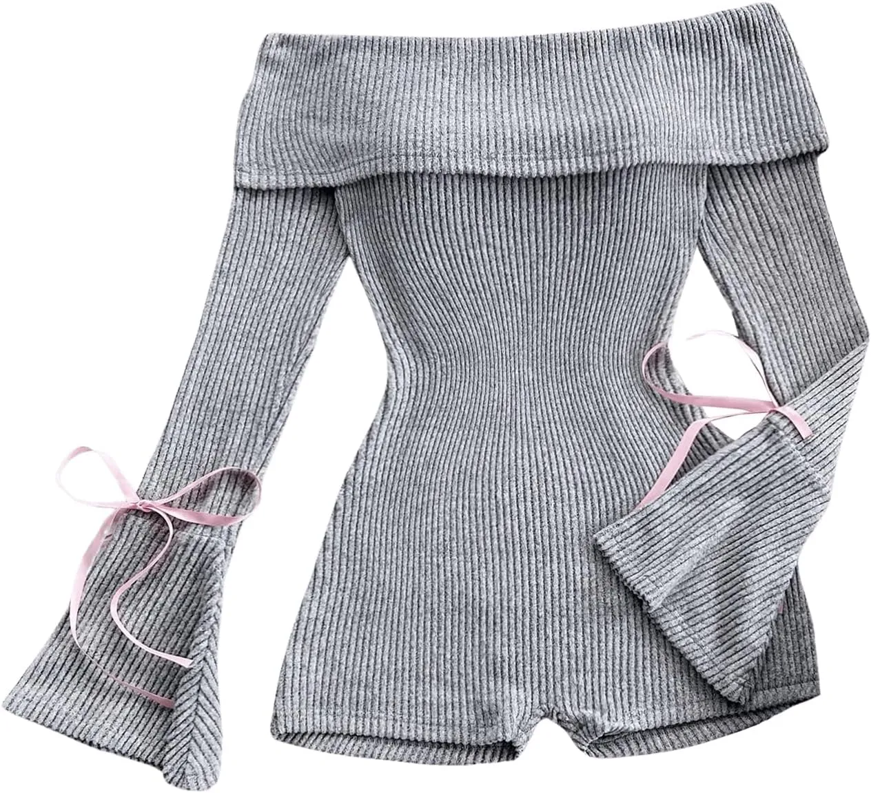 SHENHE Women's Off Shoulder Bell Long Sleeve Ribbed Sweater Romper Y2k Bow Short Jumpsuit
