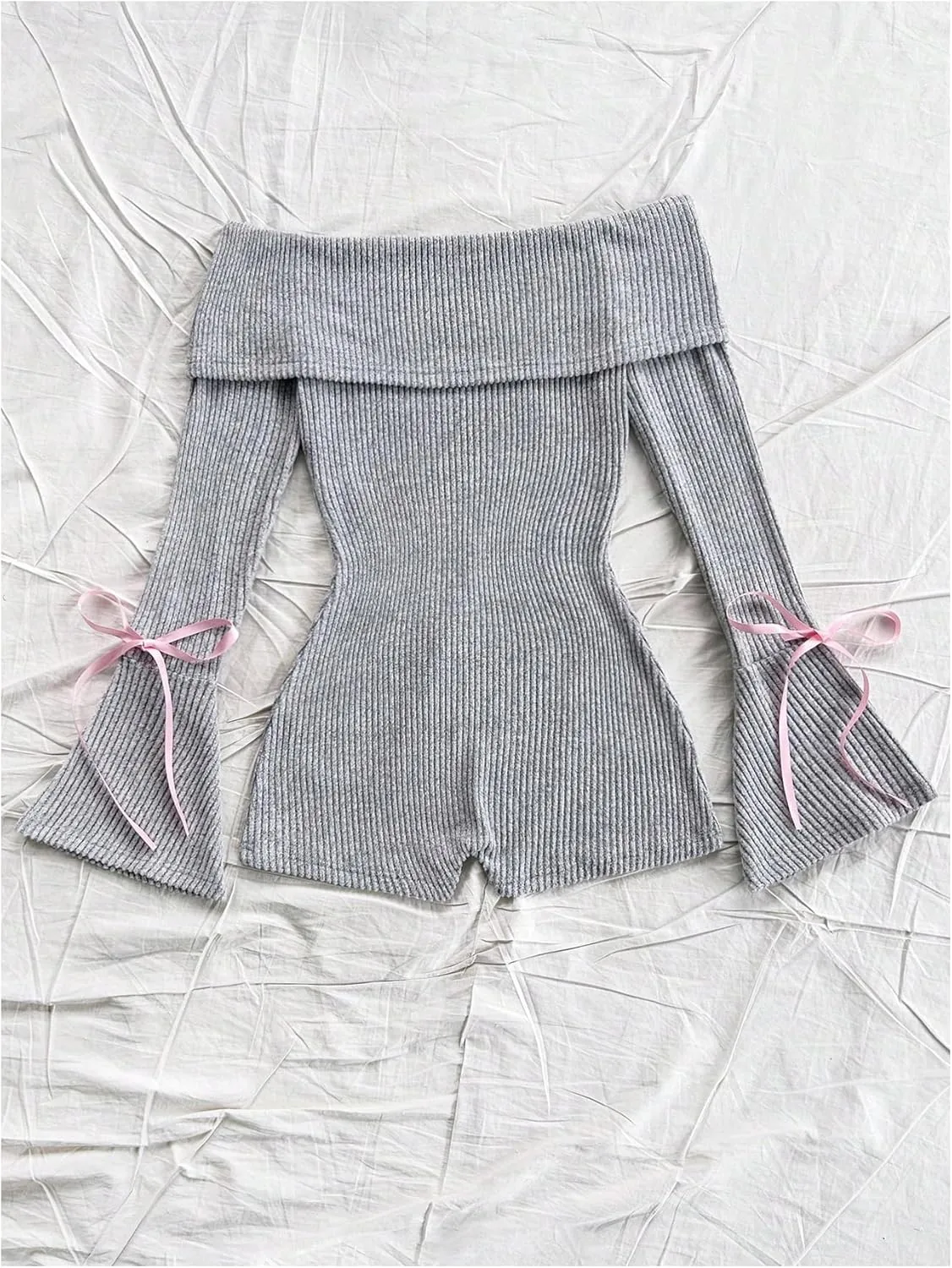 SHENHE Women's Off Shoulder Bell Long Sleeve Ribbed Sweater Romper Y2k Bow Short Jumpsuit