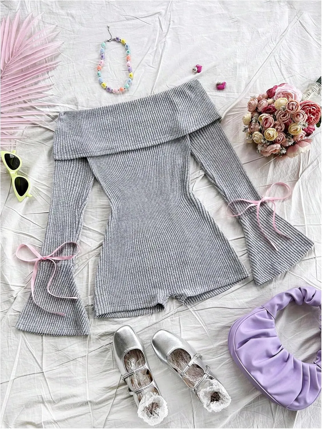 SHENHE Women's Off Shoulder Bell Long Sleeve Ribbed Sweater Romper Y2k Bow Short Jumpsuit
