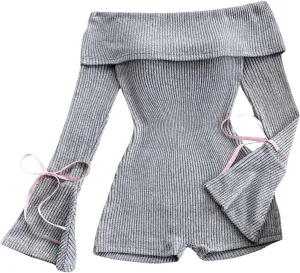 SHENHE Women's Off Shoulder Bell Long Sleeve Ribbed Sweater Romper Y2k Bow Short Jumpsuit