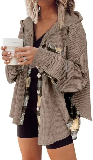SHEWIN Womens Waffle Knit Plaid Shacket Boyfriend Button Down Shirt Hooded Jacket Loose Long Sleeve Tops
