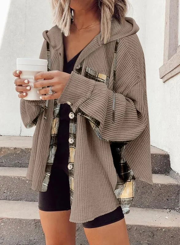 SHEWIN Womens Waffle Knit Plaid Shacket Boyfriend Button Down Shirt Hooded Jacket Loose Long Sleeve Tops