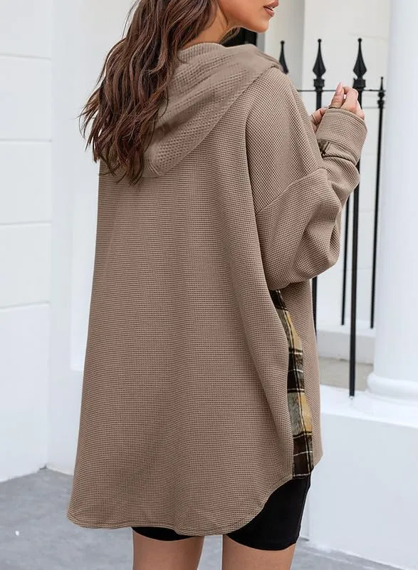 SHEWIN Womens Waffle Knit Plaid Shacket Boyfriend Button Down Shirt Hooded Jacket Loose Long Sleeve Tops