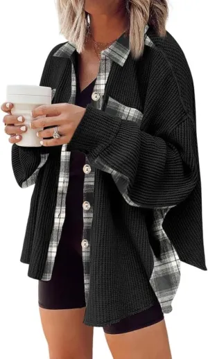 SHEWIN Womens Waffle Knit Plaid Shacket Boyfriend Button Down Shirt Jacket Loose Long Sleeve Tops