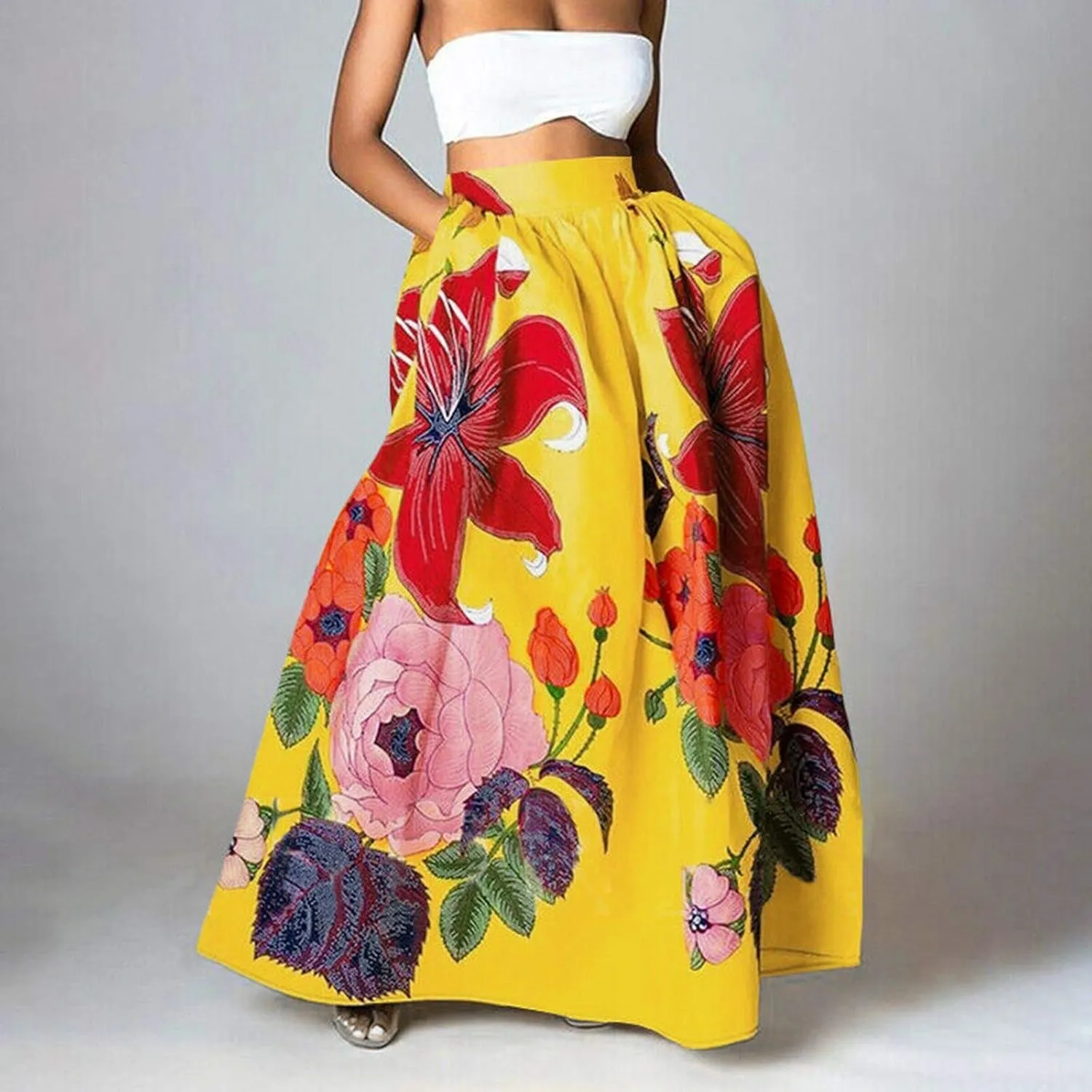 Skirts for Women Floral Print High Waist Maxi Skirt Casual Loose Flowy Boho Party Long Women's Skirts with Pocket