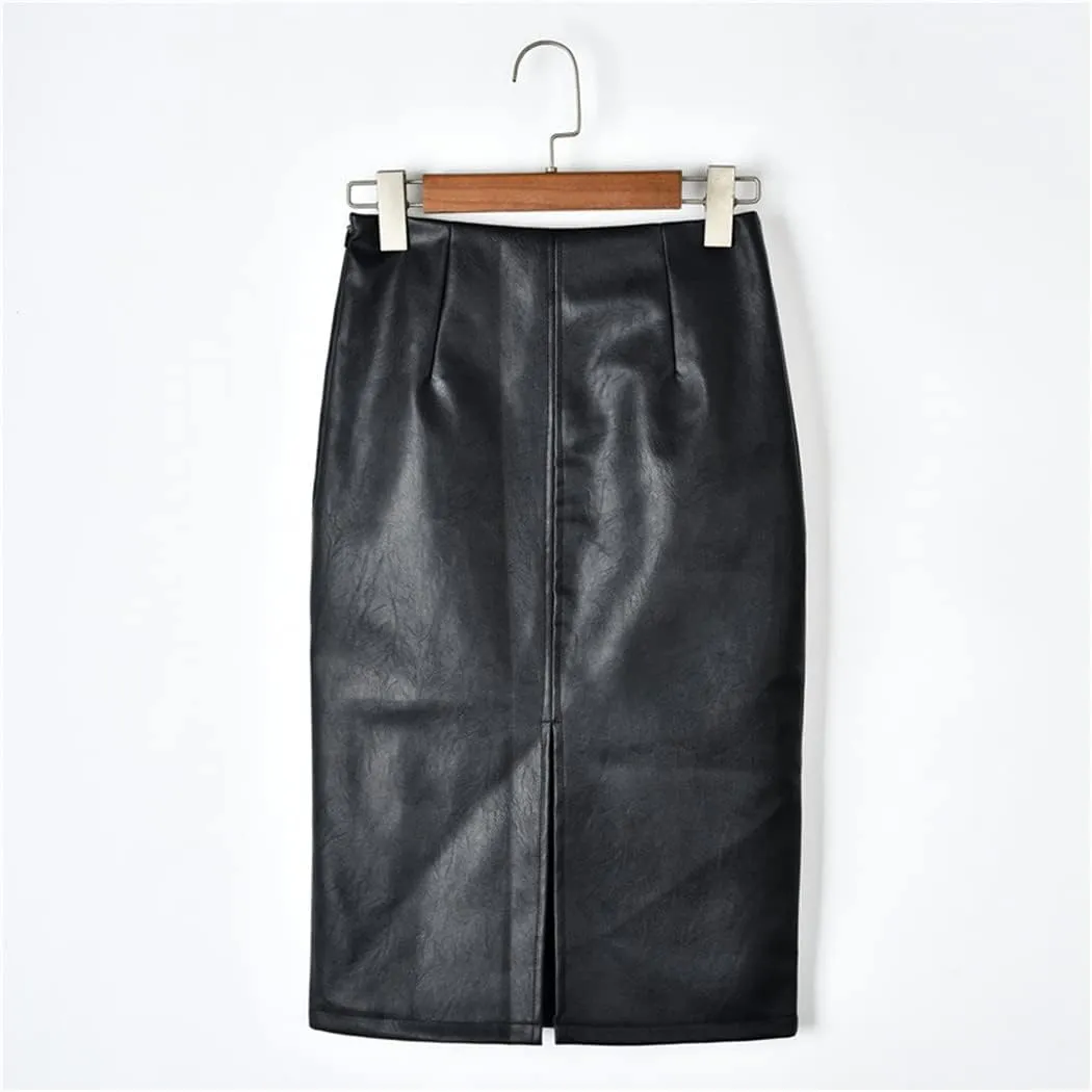 Solid Black Leather Skirt Women Split Oversized PU Leather Casual High Waist Pencil Mini Skirt