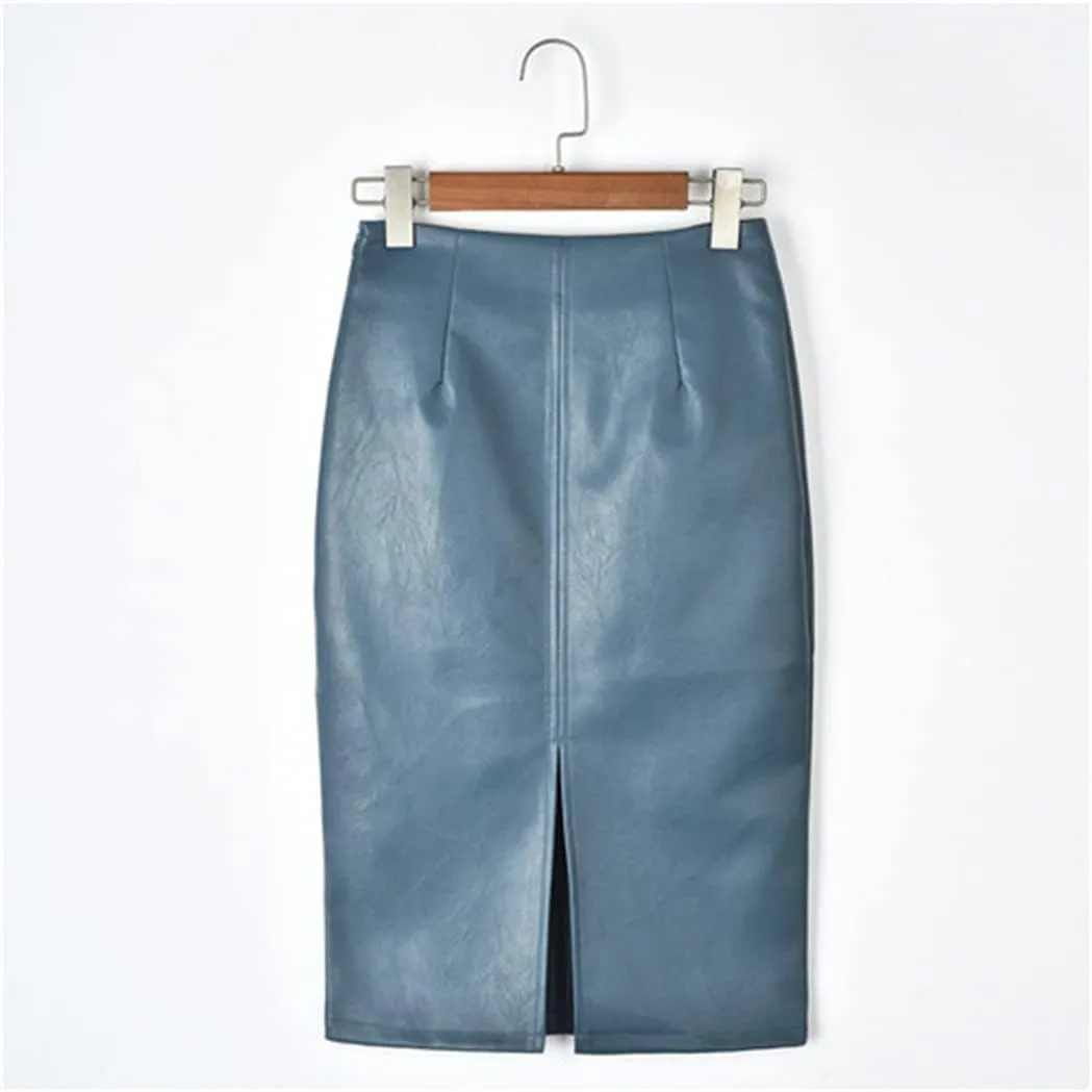 Solid Black Leather Skirt Women Split Oversized PU Leather Casual High Waist Pencil Mini Skirt