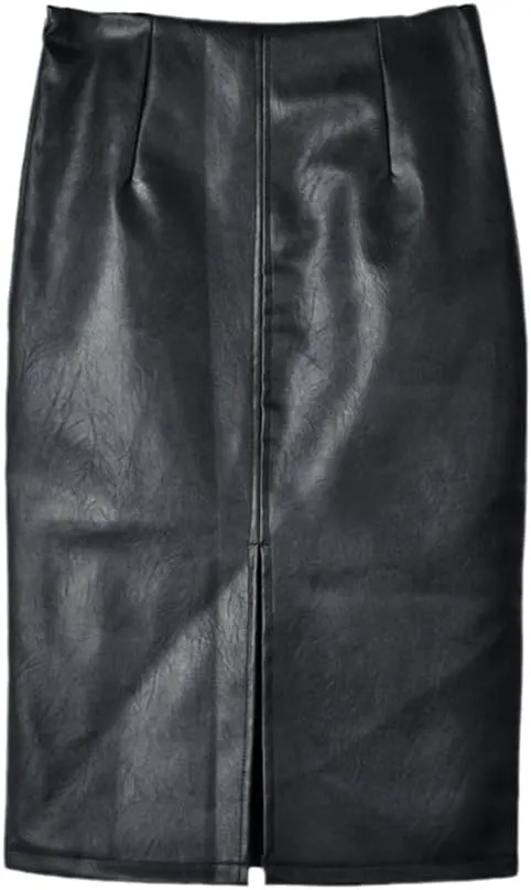 Solid Black Leather Skirt Women Split Oversized PU Leather Casual High Waist Pencil Mini Skirt