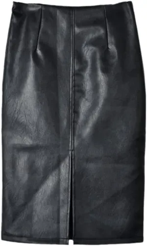 Solid Black Leather Skirt Women Split Oversized PU Leather Casual High Waist Pencil Mini Skirt