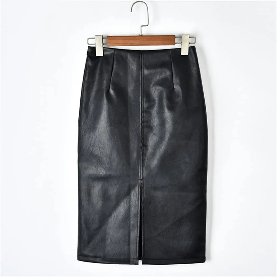 Solid Black Leather Skirt Women Split Oversized PU Leather Casual High Waist Pencil Mini Skirt
