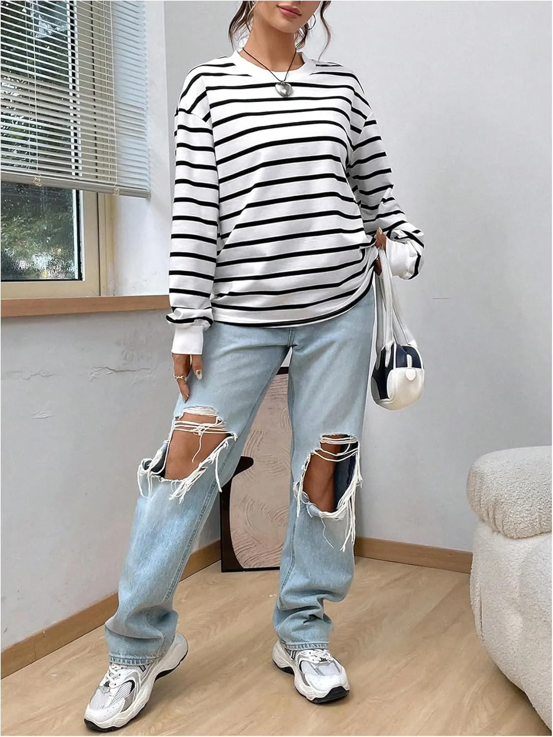SOLY HUX Women's Striped Sweatshirts Crewneck Long Sleeve Pullover Shirts Oversized Tops Preppy Clothes