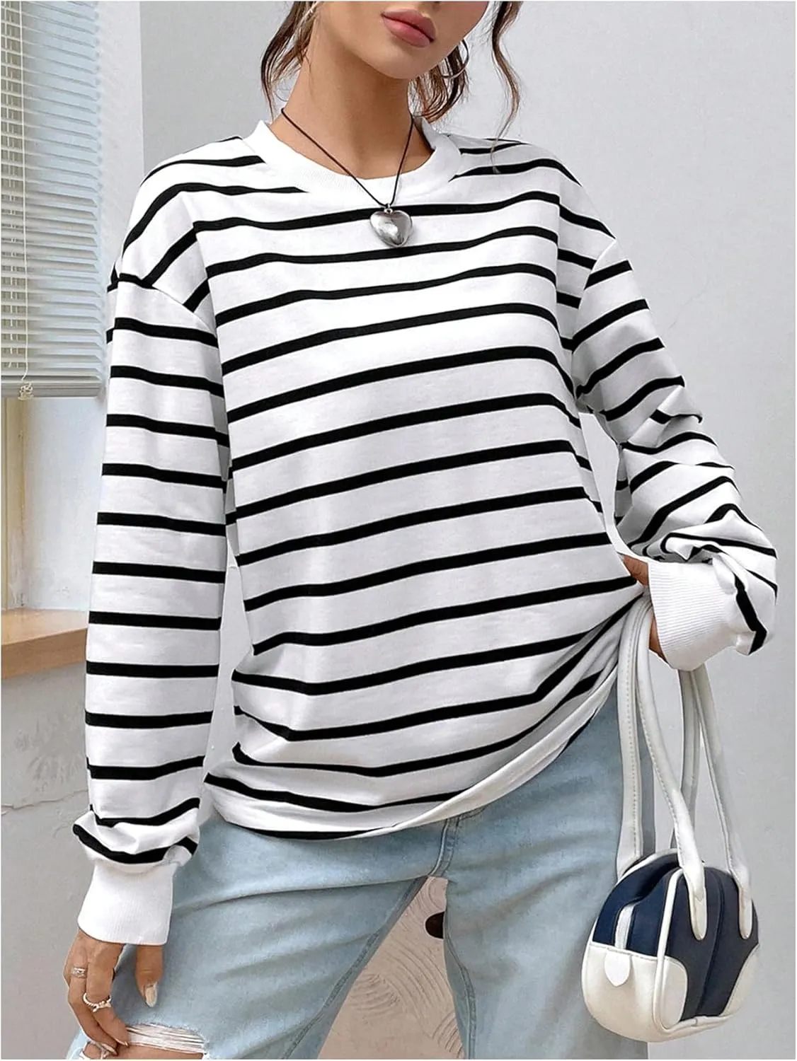 SOLY HUX Women's Striped Sweatshirts Crewneck Long Sleeve Pullover Shirts Oversized Tops Preppy Clothes
