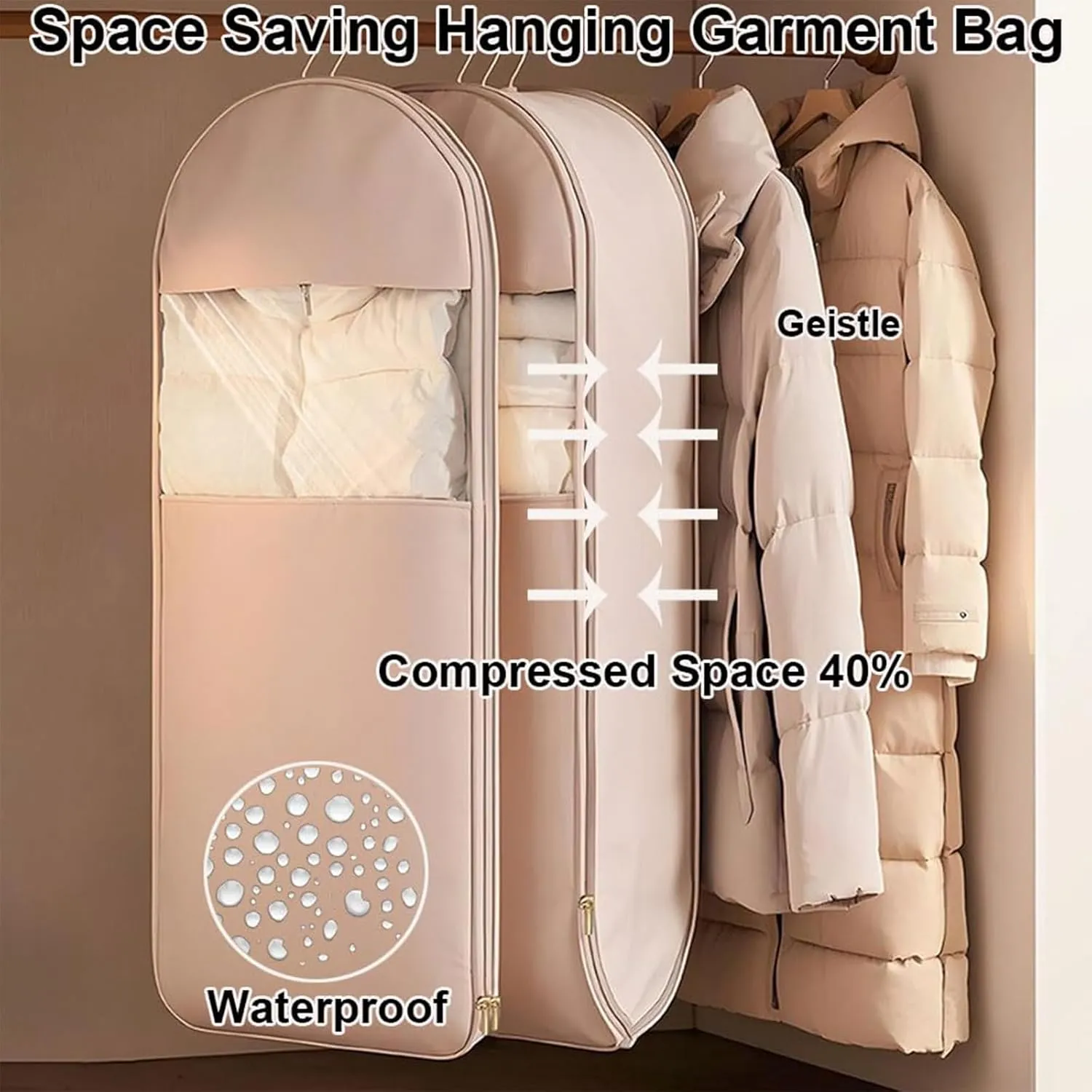 Space Saving Hanging Garment Bag with Self Compression Zipper, Garment Bags for Hanging Clothes, Multiple Sizes Space Saver Closet Organizers (Beige,Medium)