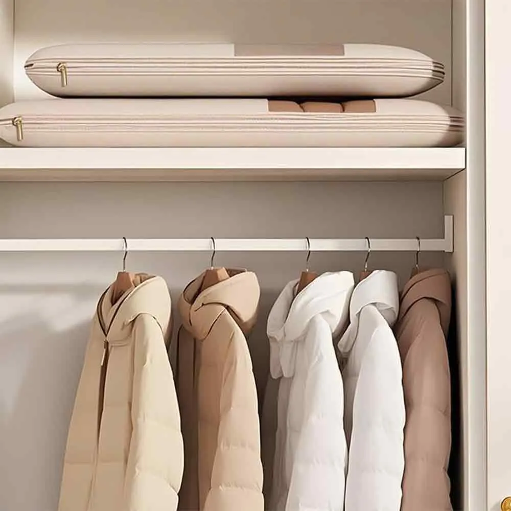 Space Saving Hanging Garment Bag with Self Compression Zipper, New Space Saver Closet Organizers, Dust Cover Clothes Bags for down Coat, Travel Bags with Hanger, For Closet Storage (Beige, X-Large)