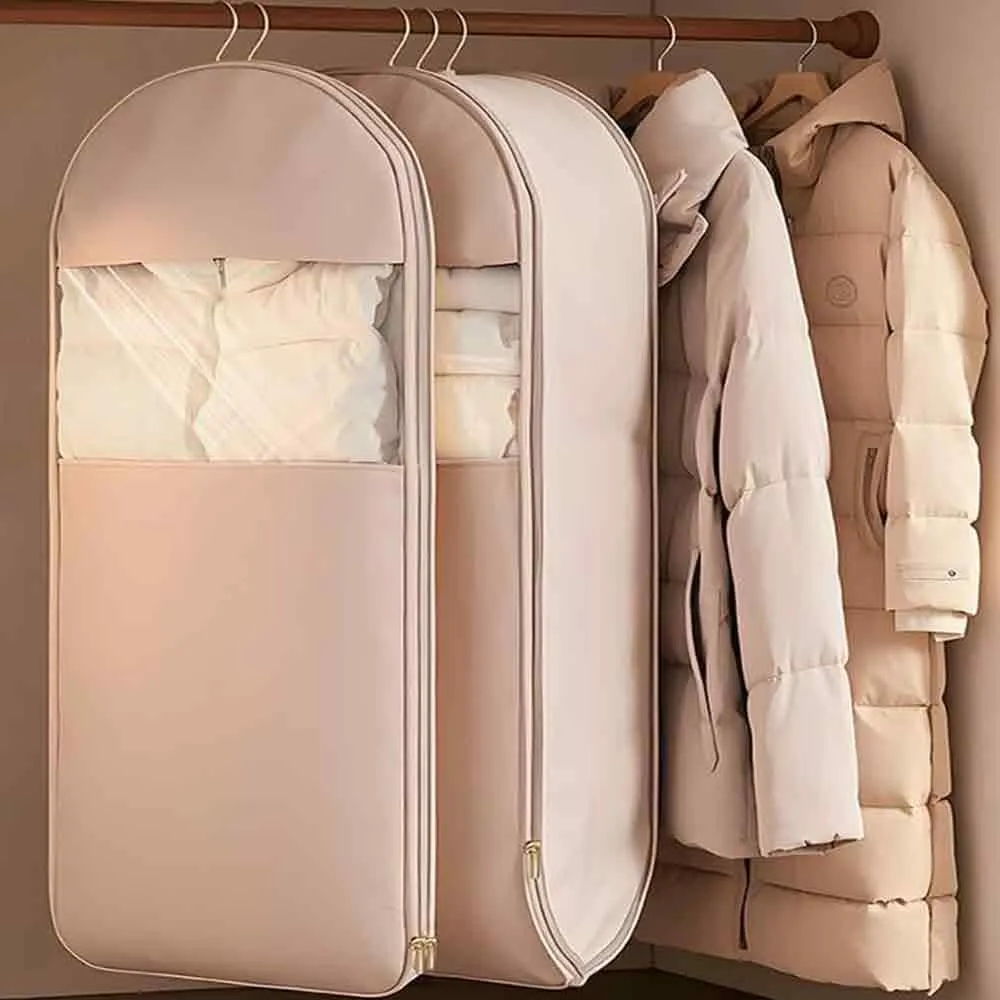 Space Saving Hanging Garment Bag with Self Compression Zipper, New Space Saver Closet Organizers, Dust Cover Clothes Bags for down Coat, Travel Bags with Hanger, For Closet Storage (Beige, X-Large)