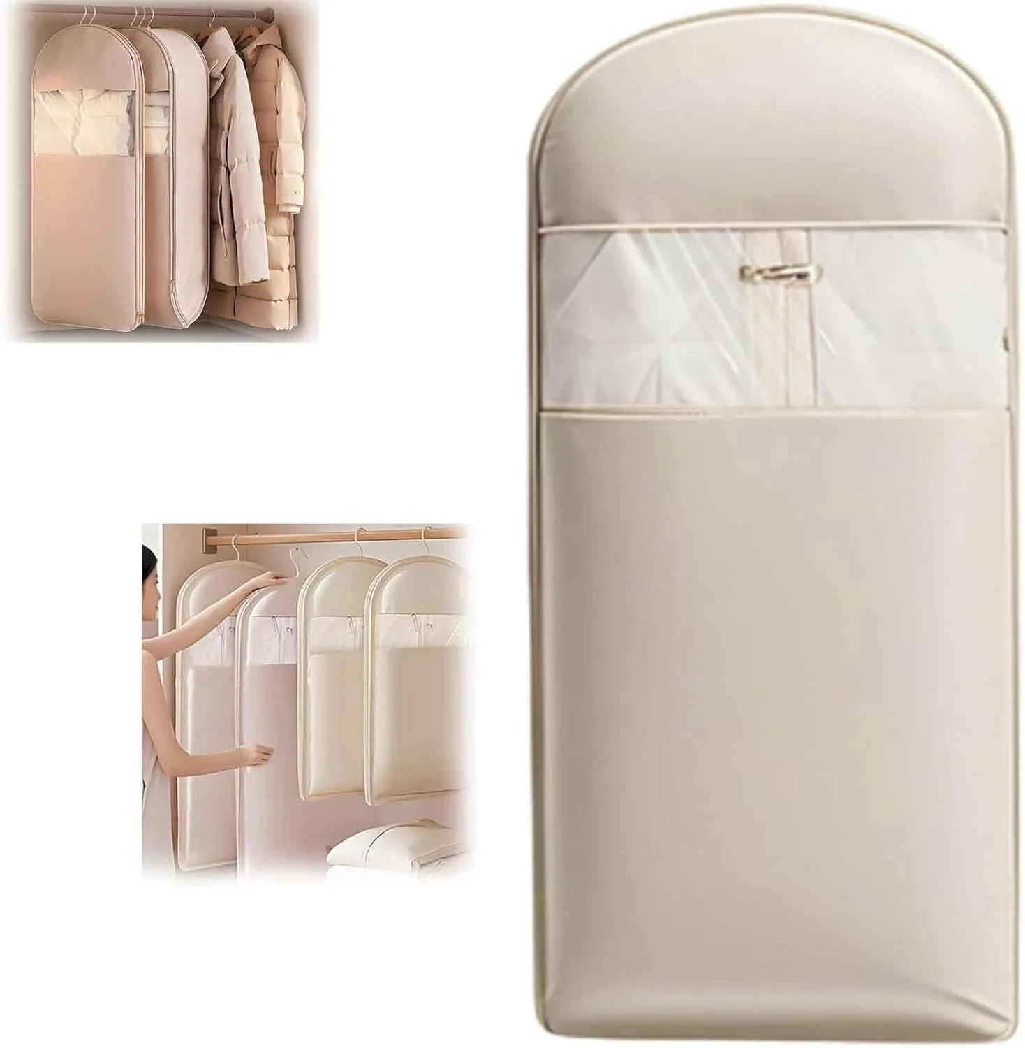 Space Saving Hanging Garment Bag with Self Compression Zipper, New Space Saver Closet Organizers, Dust Cover Clothes Bags for down Coat, Travel Bags with Hanger, For Closet Storage (Beige, X-Large)