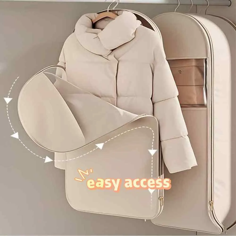 Space Saving Hanging Garment Bag with Self Compression Zipper, New Space Saver Closet Organizers, Dust Cover Clothes Bags for down Coat, Travel Bags with Hanger, For Closet Storage (Beige, X-Large)