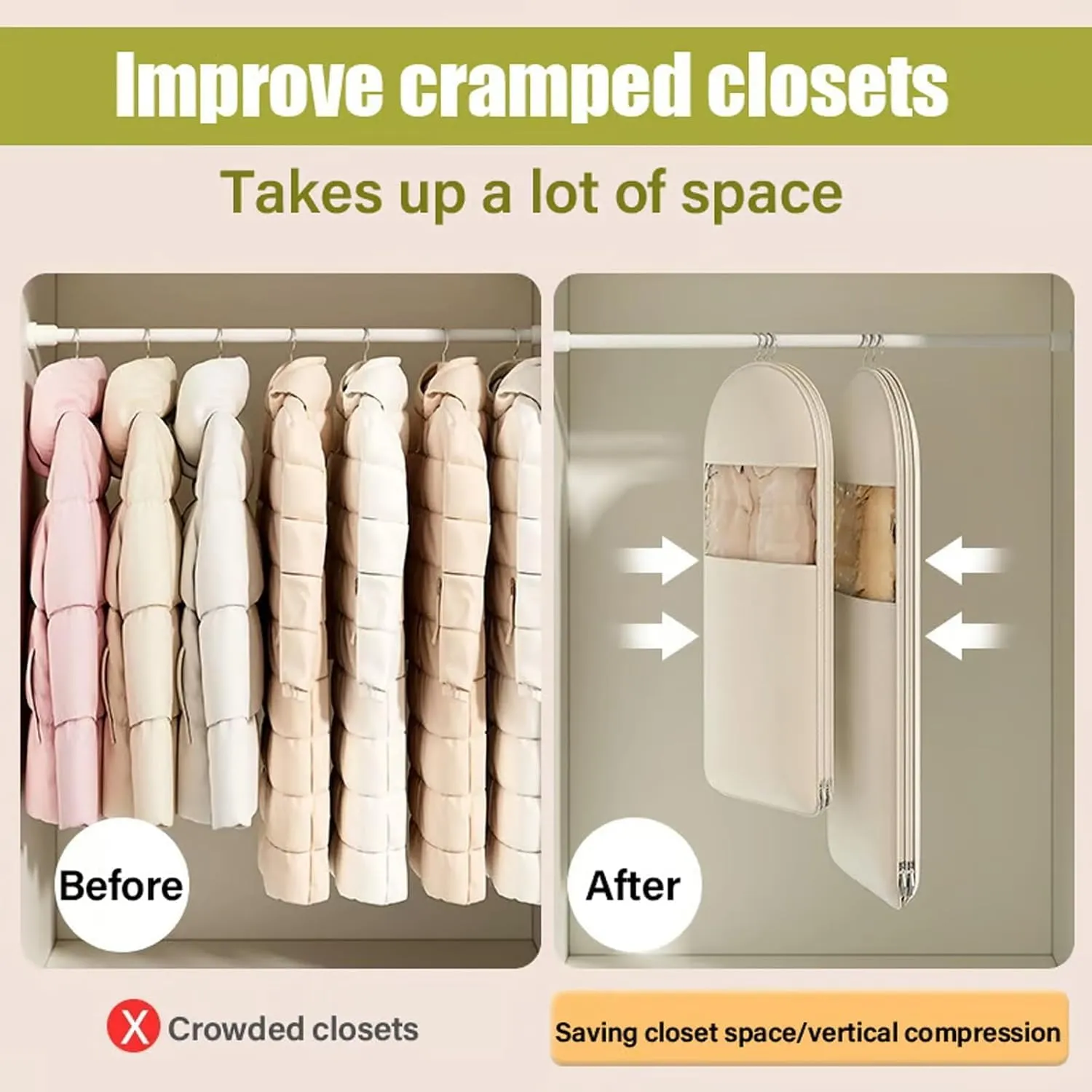 Space Saving Hanging Garment Bag with Self Compression Zipper, Space Saver Closet Organizers, Dust Cover Clothes Bags for Down Coat for Closet Storage, Winter Coat Storage (Pink,Large)