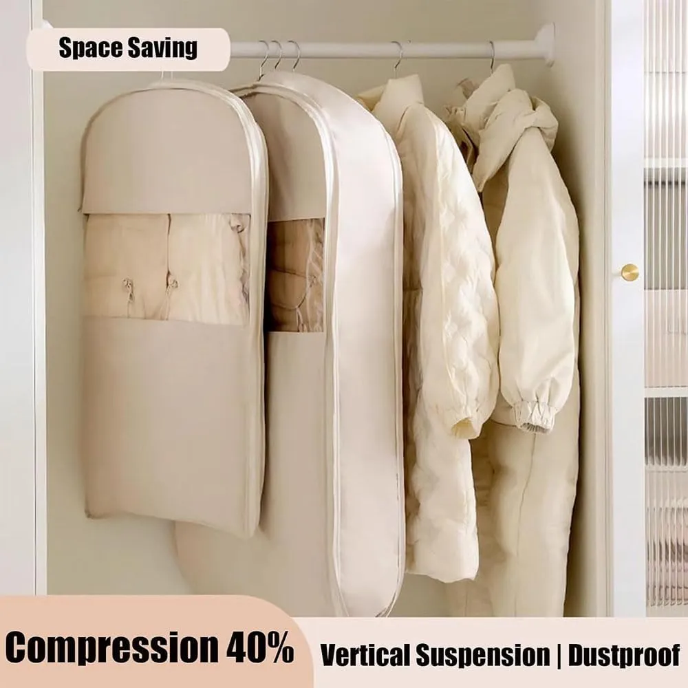 Space Saving Hanging Garment Bag with Self Compression Zipper, Space Saver Closet Organizers,Dust Cover Clothes Bags for Down Coat (Beige,Large)