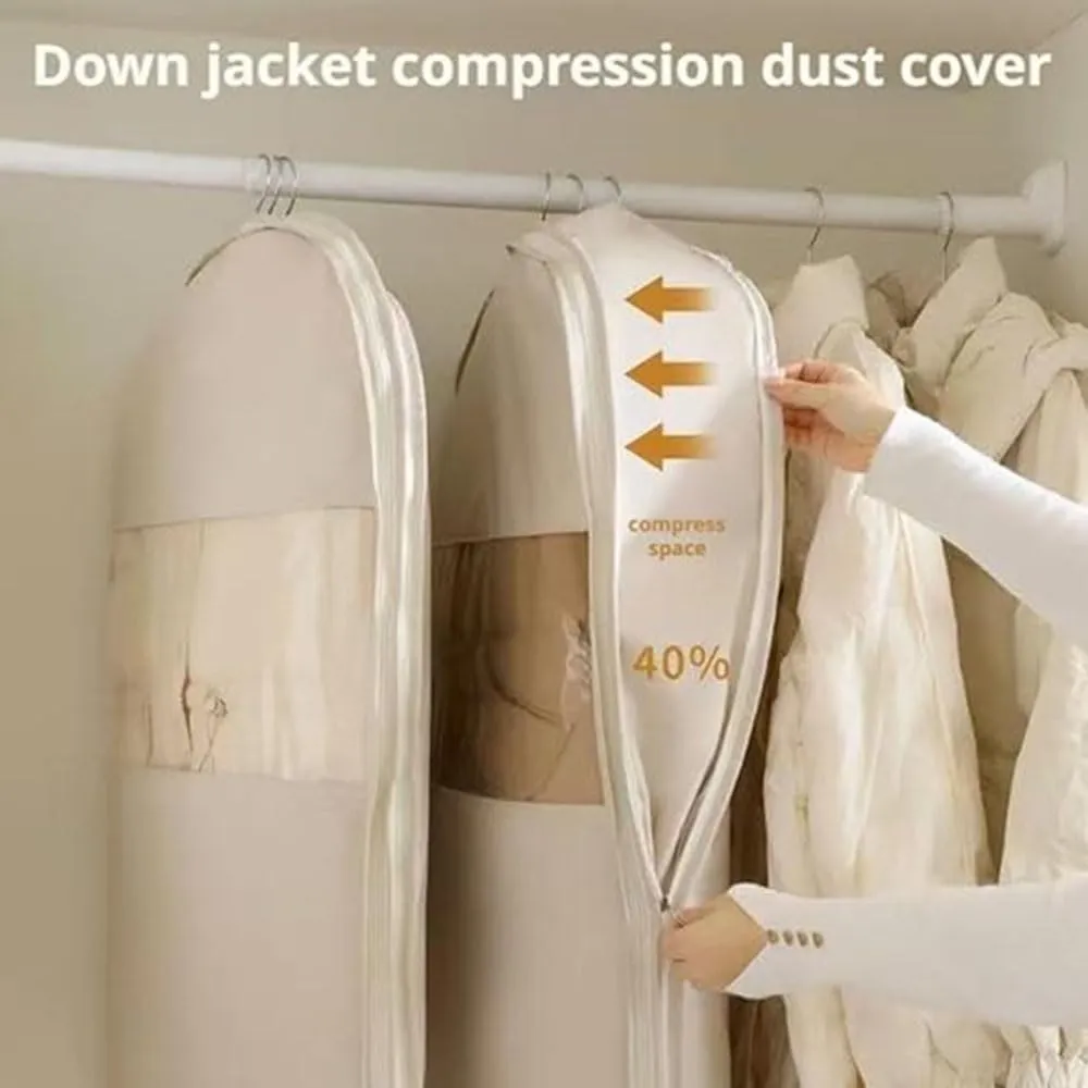 Space Saving Hanging Garment Bag with Self Compression Zipper, Space Saver Closet Organizers,Dust Cover Clothes Bags for Down Coat (Beige,Large)