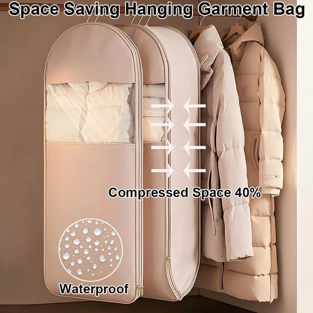 Space Saving Hanging Garment Bag with Self Compression Zipper, Space Saver Closet Organizers,Dust Cover Clothes Bags for Down Coat (Beige,Large)