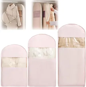 Space Saving Hanging Garment Bag With Self Compression Zipper, Space Saver Hanging Garment Bags For Closet Storage,Dust Cover Clothes Bags Travel Organizer For Down Coat Suit (Pink, M)