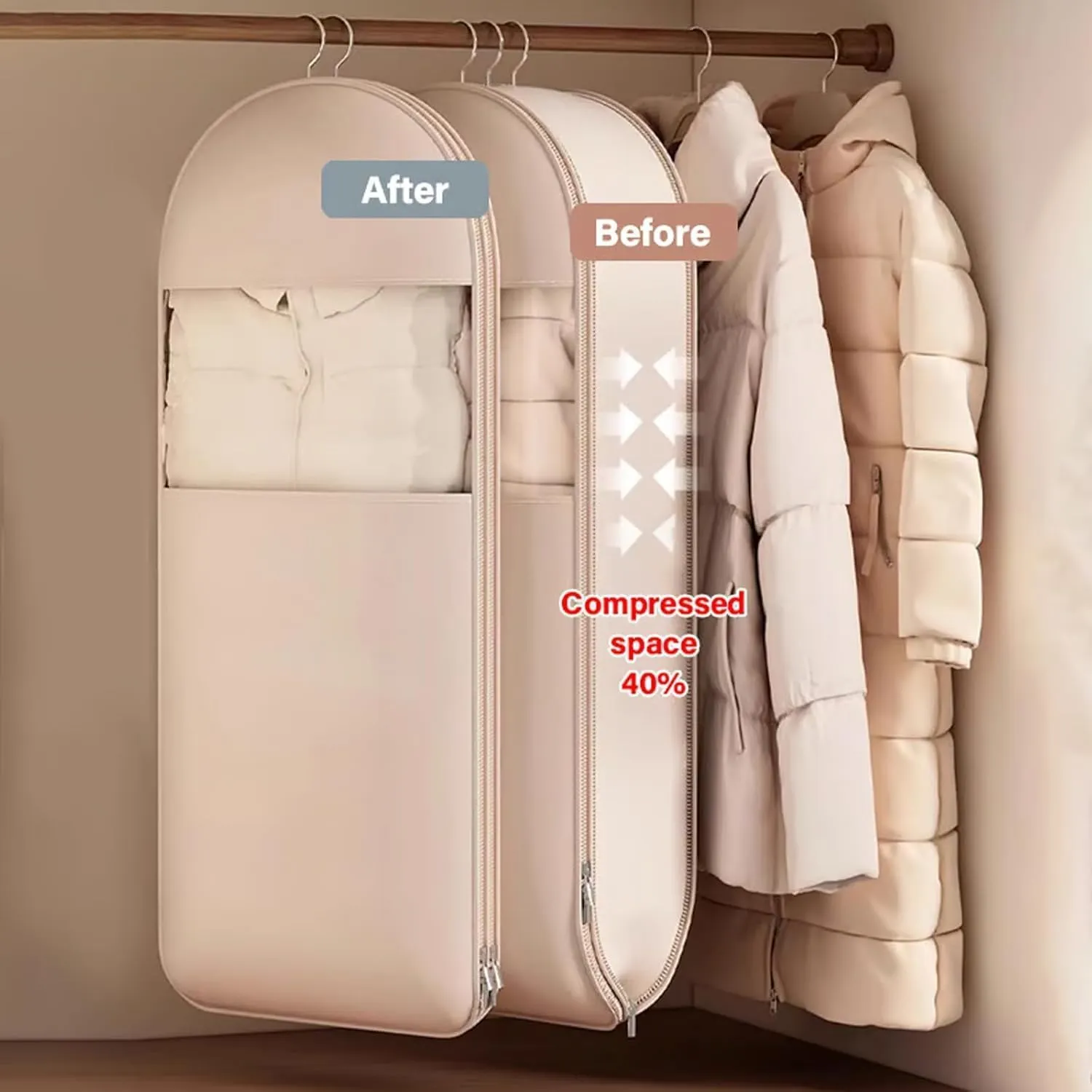 Space Saving Hanging Garment Bag With Self Compression Zipper,Space Saver Closet Organizers 2025 New,Dust Cover Clothes Bags For Down Coat,Hanging Protector Storage Bags