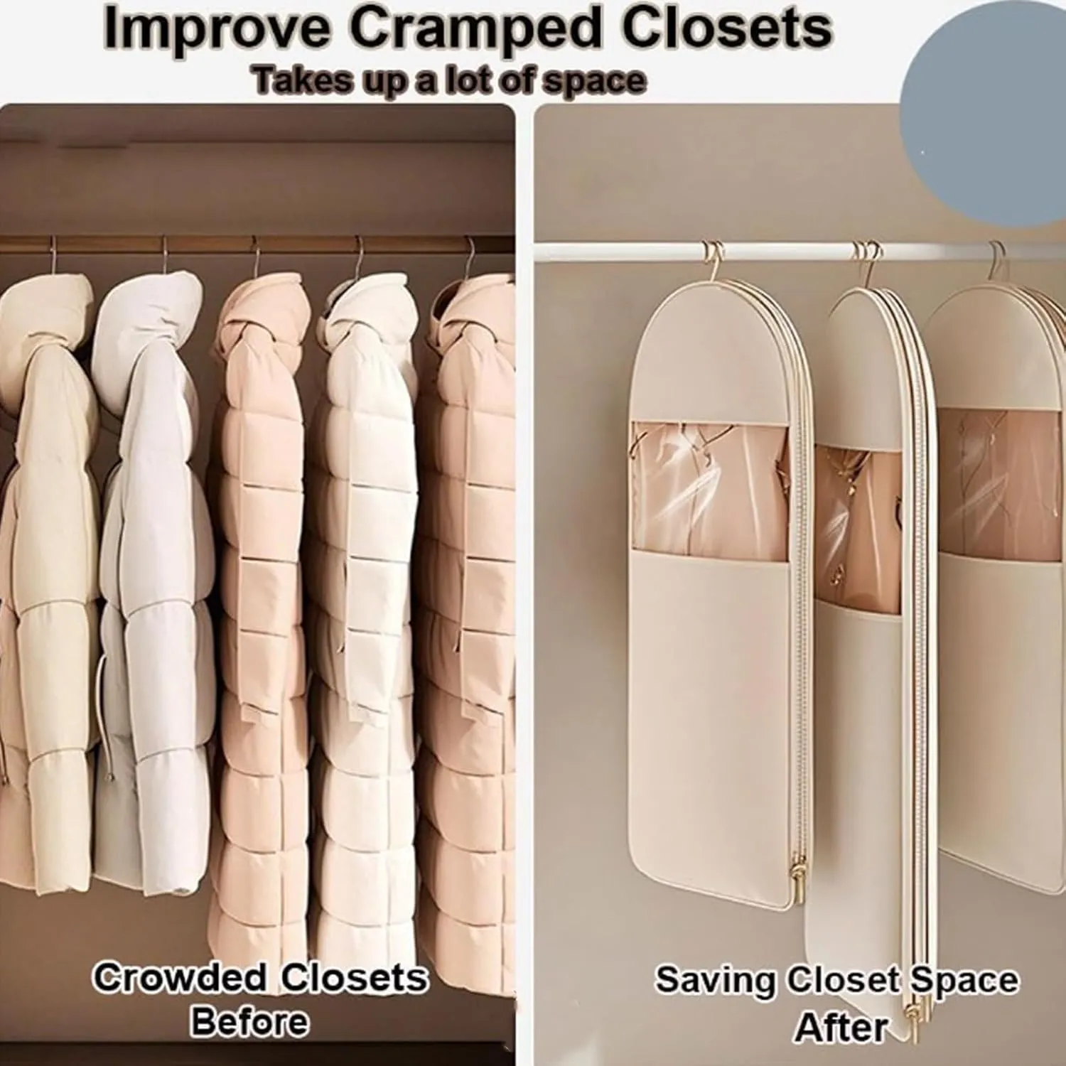 Space Saving Hanging Garment Bag with Self Compression Zipper,Space Saver Closet Organizers, Winter Coat Storage, Heavy Duty Garment Bag for Down Coat (pink,S)