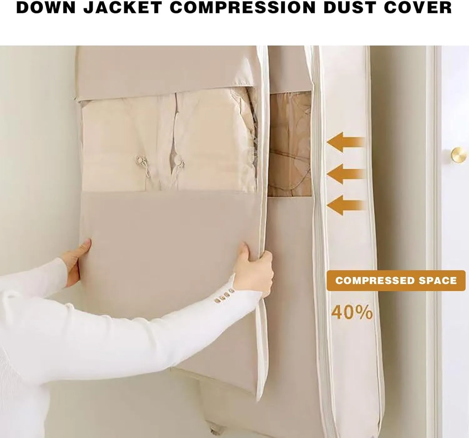 Space Saving Hanging Garment Bag with Self Compression Zipper,Space Saver Closet Organizers,Dust Cover Clothes Bag for Down Coat (Pink, L)