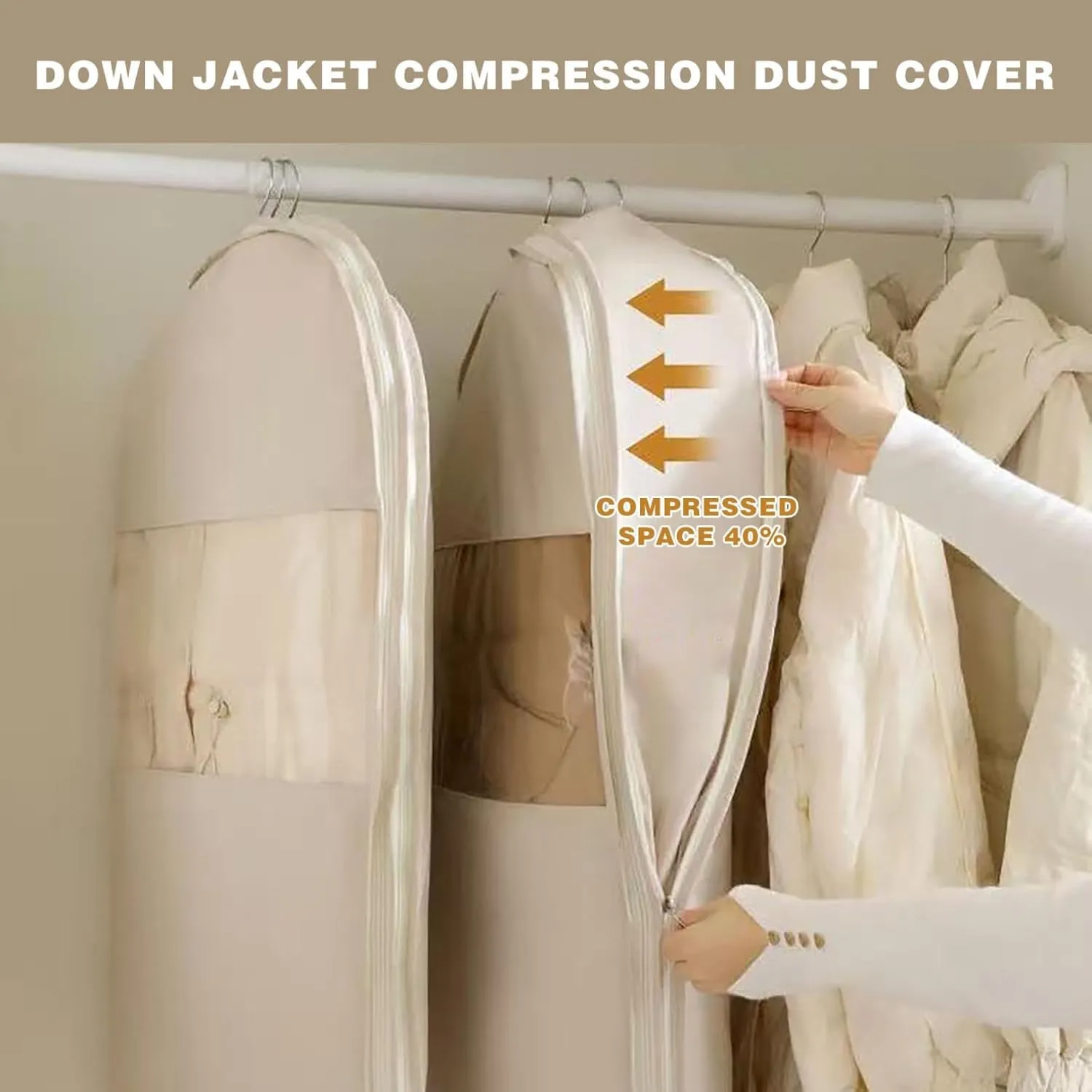 Space Saving Hanging Garment Bag with Self Compression Zipper,Space Saver Closet Organizers,Dust Cover Clothes Bag for Down Coat (Pink, L)
