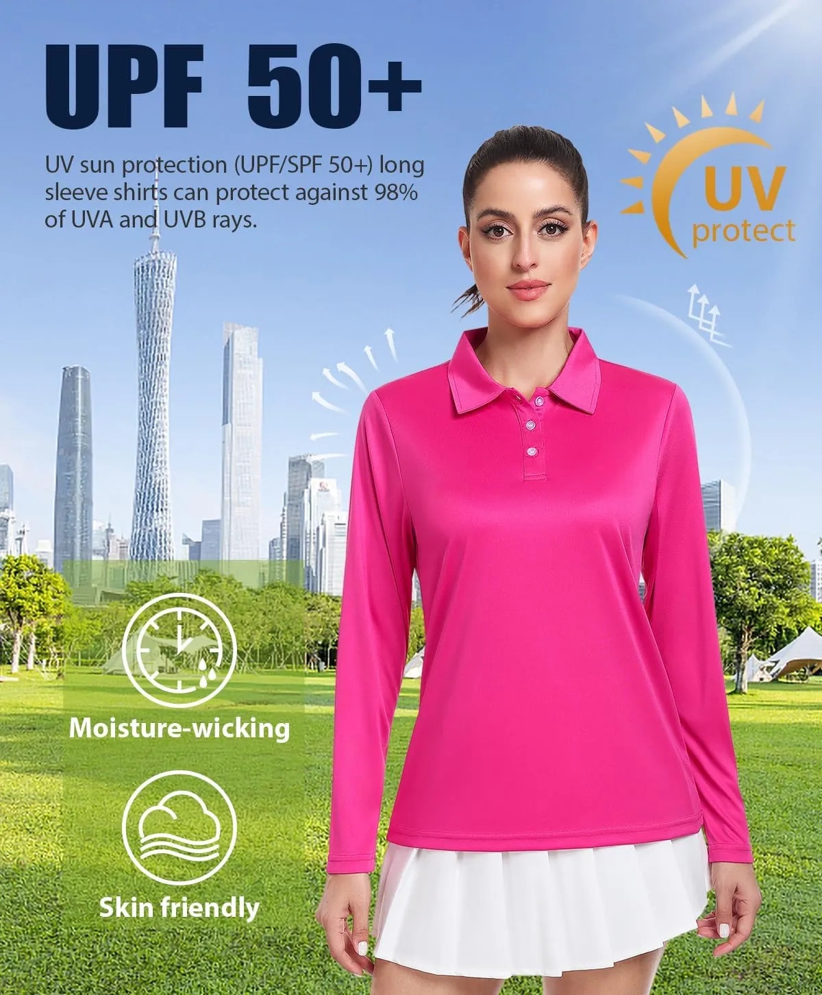 Star Vibe Long Sleeve Polo Shirts for Women Moisture Wicking Golf Shirt Quick Dry UPF 50  Sun Tennis Athletic Tops 3 Pack