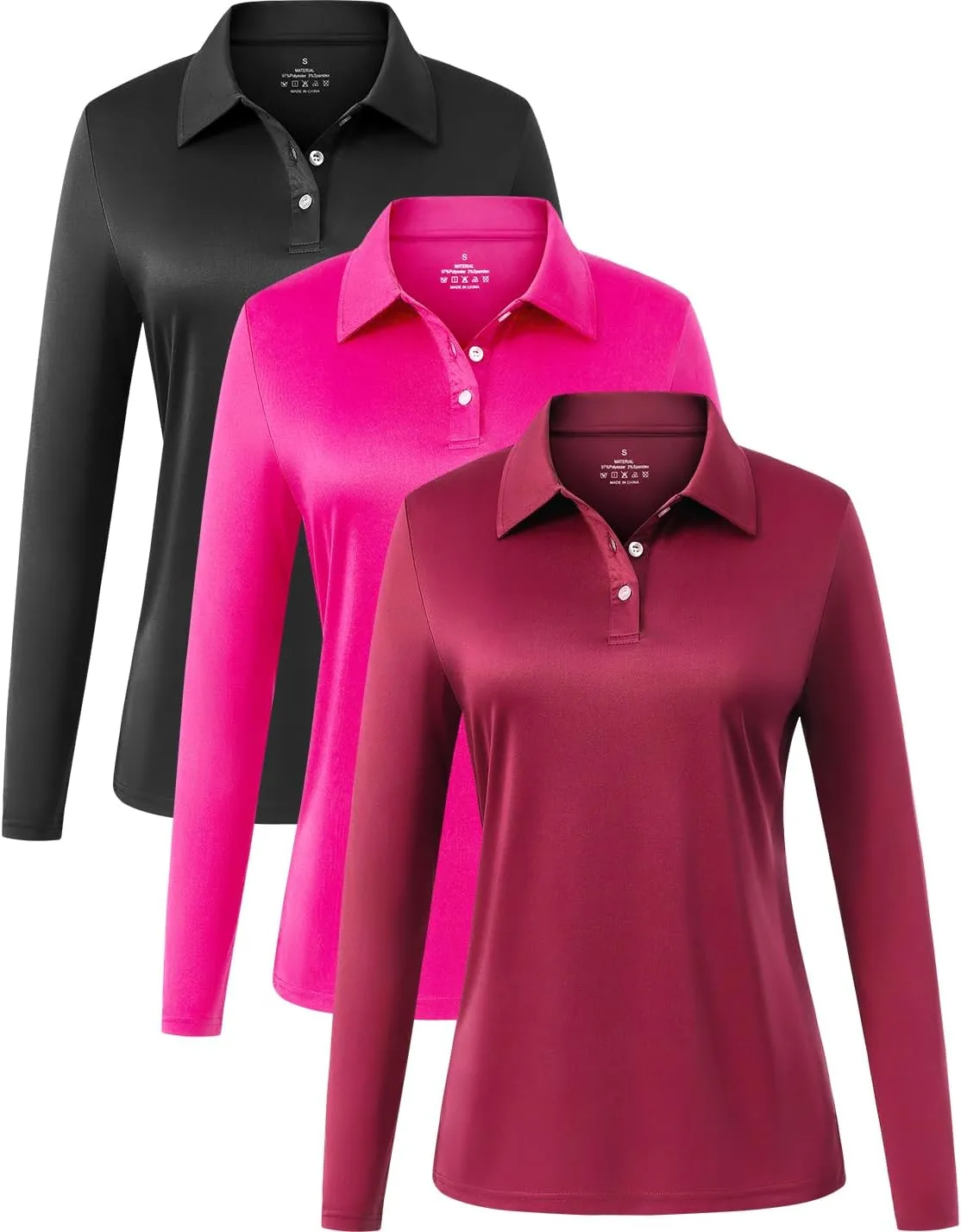 Star Vibe Long Sleeve Polo Shirts for Women Moisture Wicking Golf Shirt Quick Dry UPF 50  Sun Tennis Athletic Tops 3 Pack