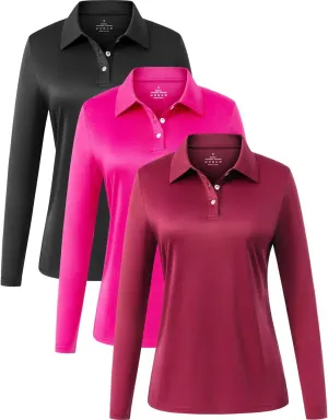 Star Vibe Long Sleeve Polo Shirts for Women Moisture Wicking Golf Shirt Quick Dry UPF 50  Sun Tennis Athletic Tops 3 Pack