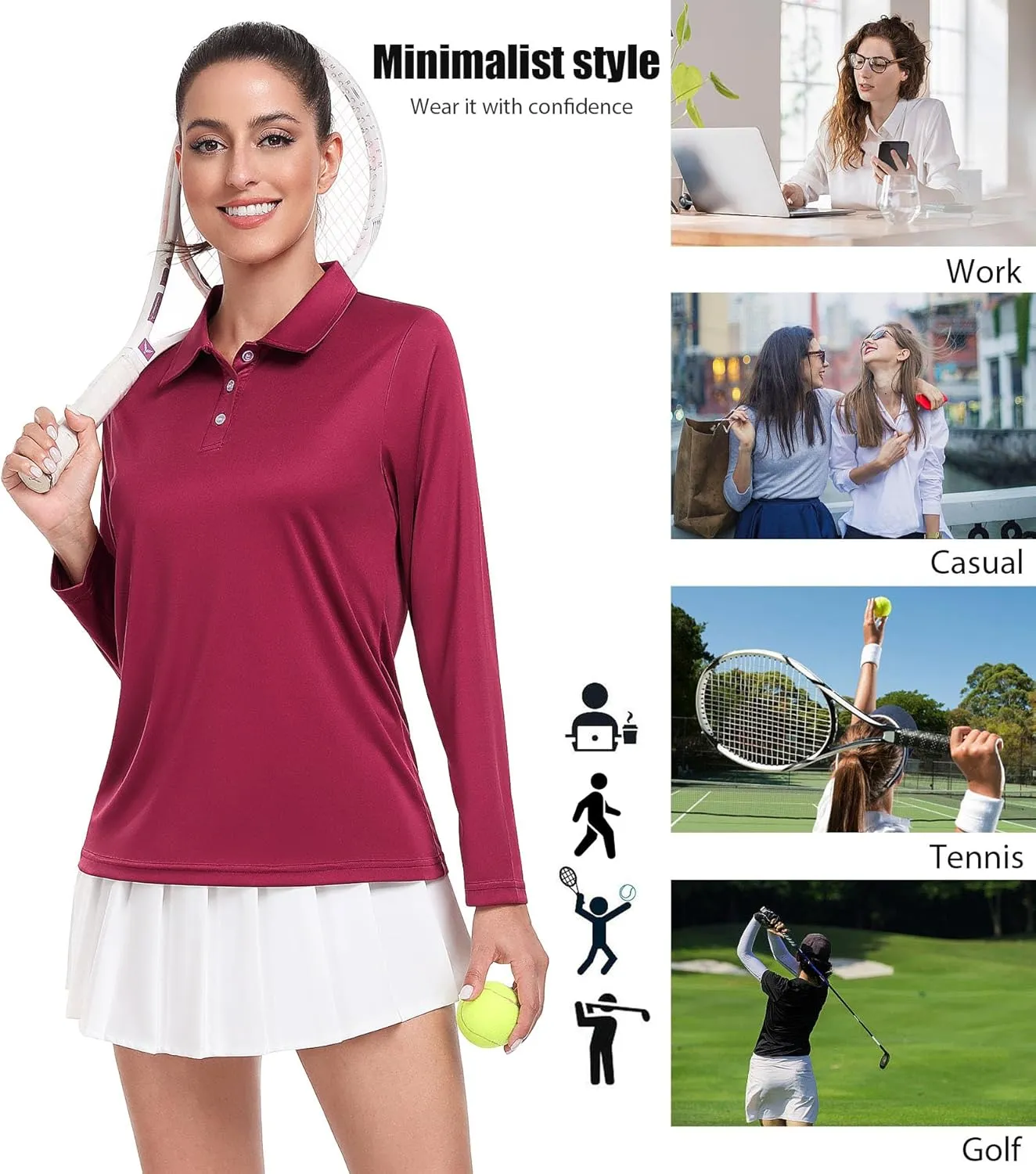 Star Vibe Long Sleeve Polo Shirts for Women Moisture Wicking Golf Shirt Quick Dry UPF 50  Sun Tennis Athletic Tops 3 Pack