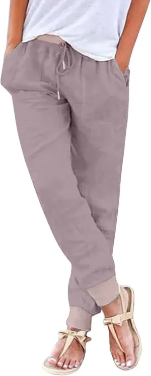 Straight Leg Cotton Linen Pants Women Lightweight Fashion Summer Casual Pants with Pockets Drawstring Loose Trousers