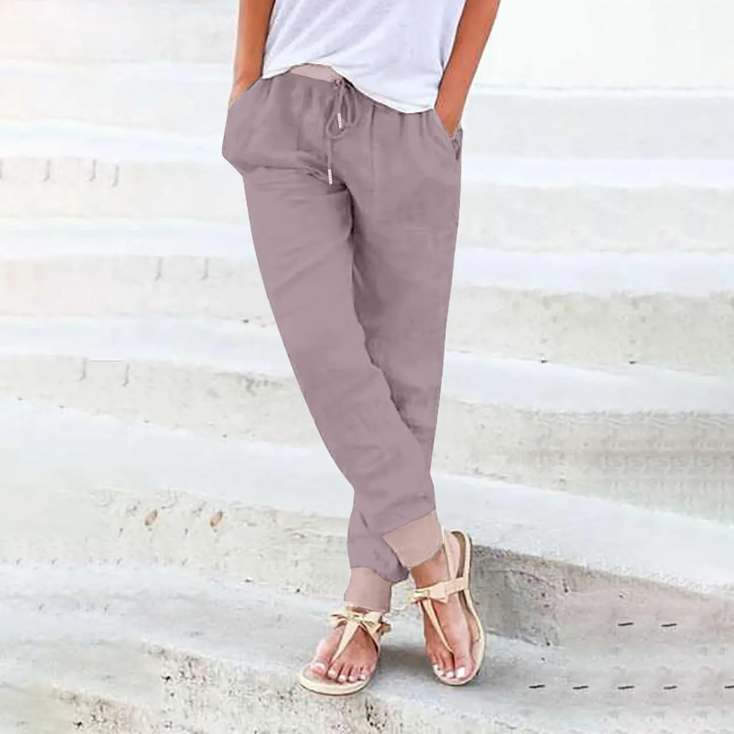 Straight Leg Cotton Linen Pants Women Lightweight Fashion Summer Casual Pants with Pockets Drawstring Loose Trousers