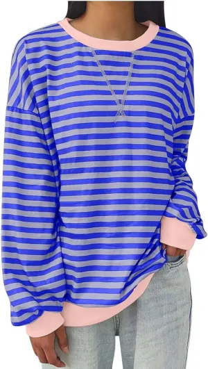 Striped Shirt Colorblock Sweatshirt Women Oversized Sweatshirt Long Sleeve Shirts Fall Outfits for Women 2024